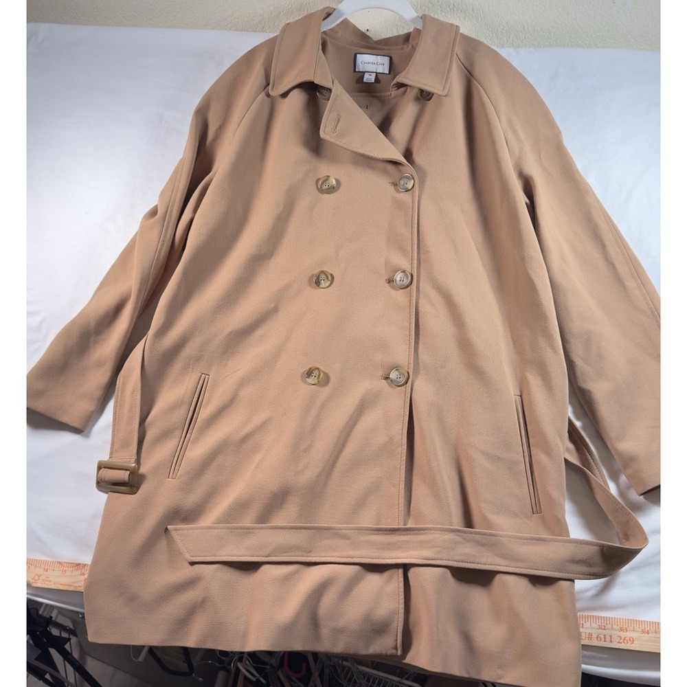 Charter Club Trench Coat Women 16 Camel Tan Double Breasted Belted Classic Lined - Picture 3 of 16